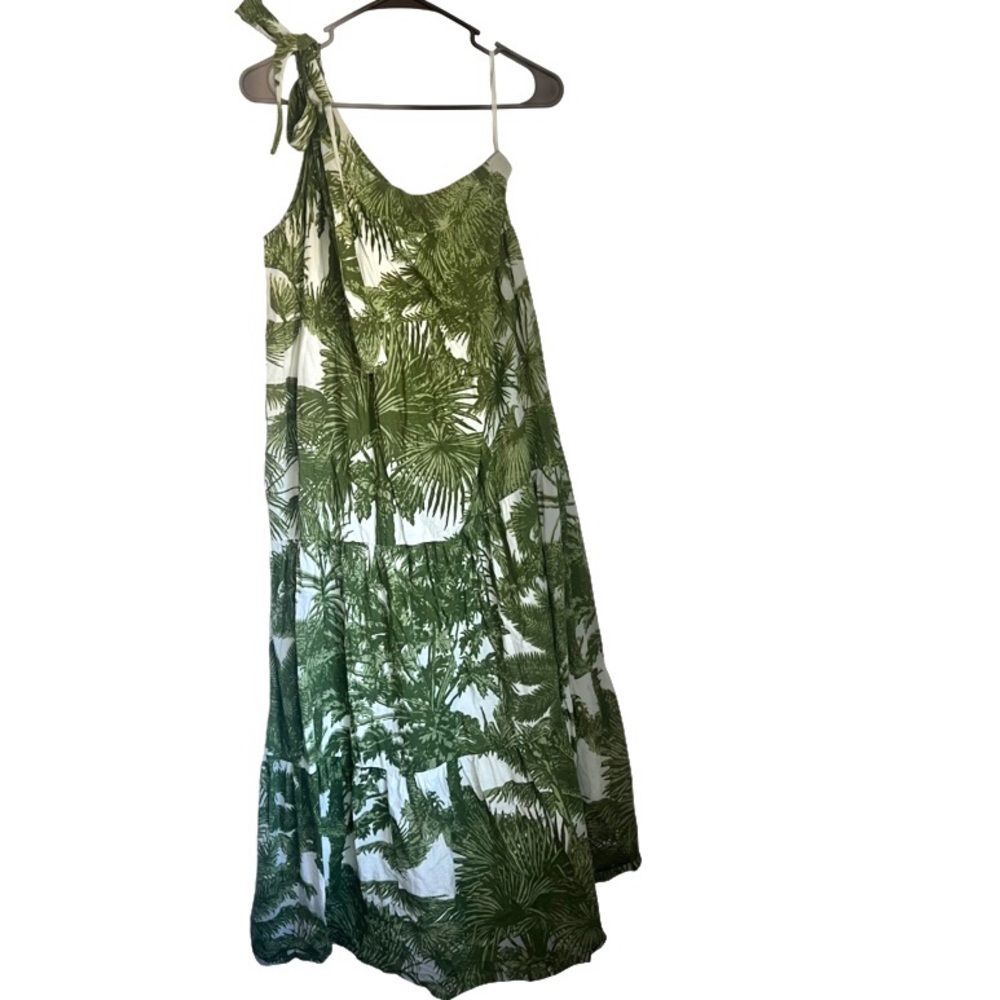 Madison Mathews Rosie One Shoulder Tie Maxi Dress Green Palm Tree Print Small